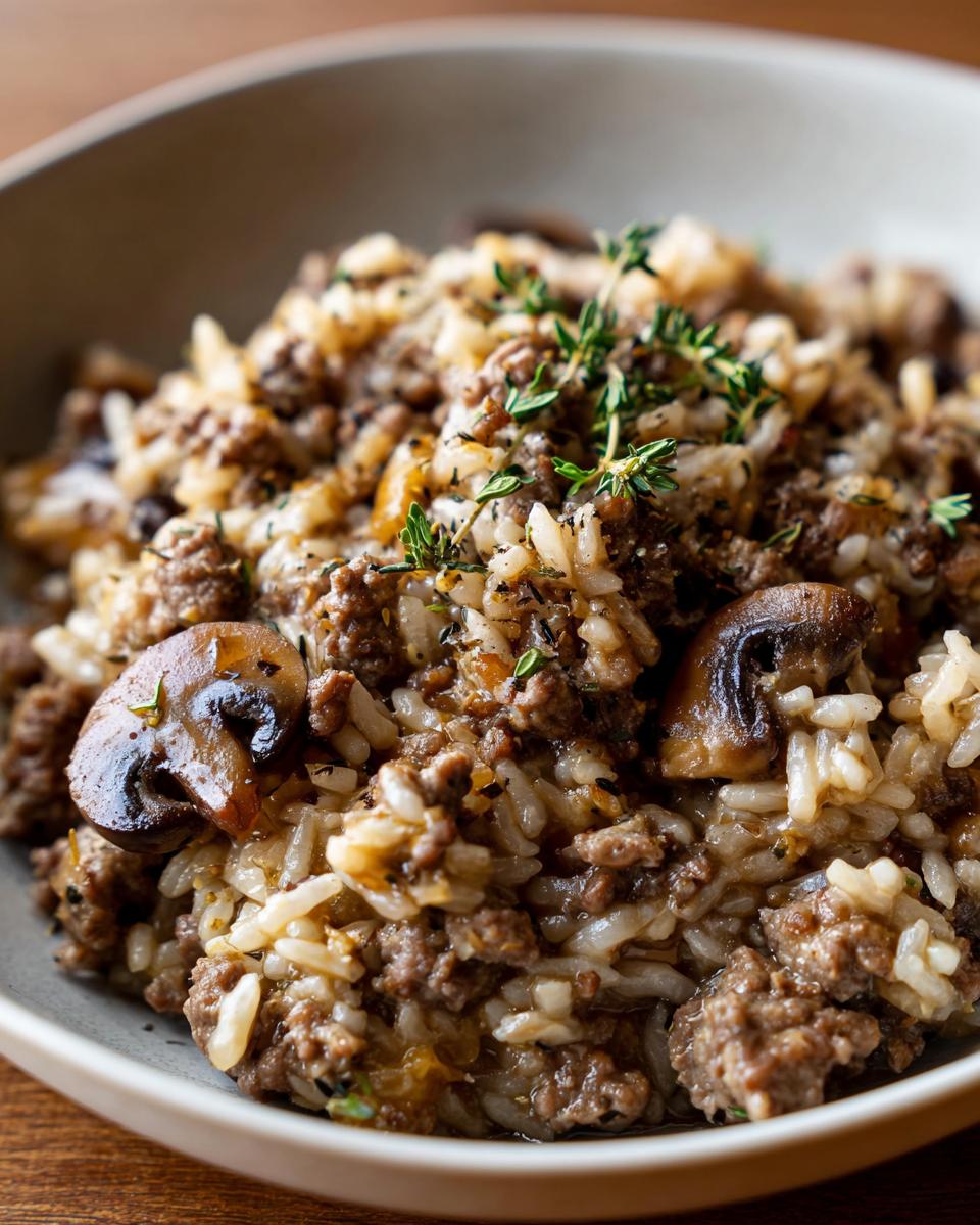 Bowl of one pot beef and mushroom rice pilaf garnished with fresh herbs.