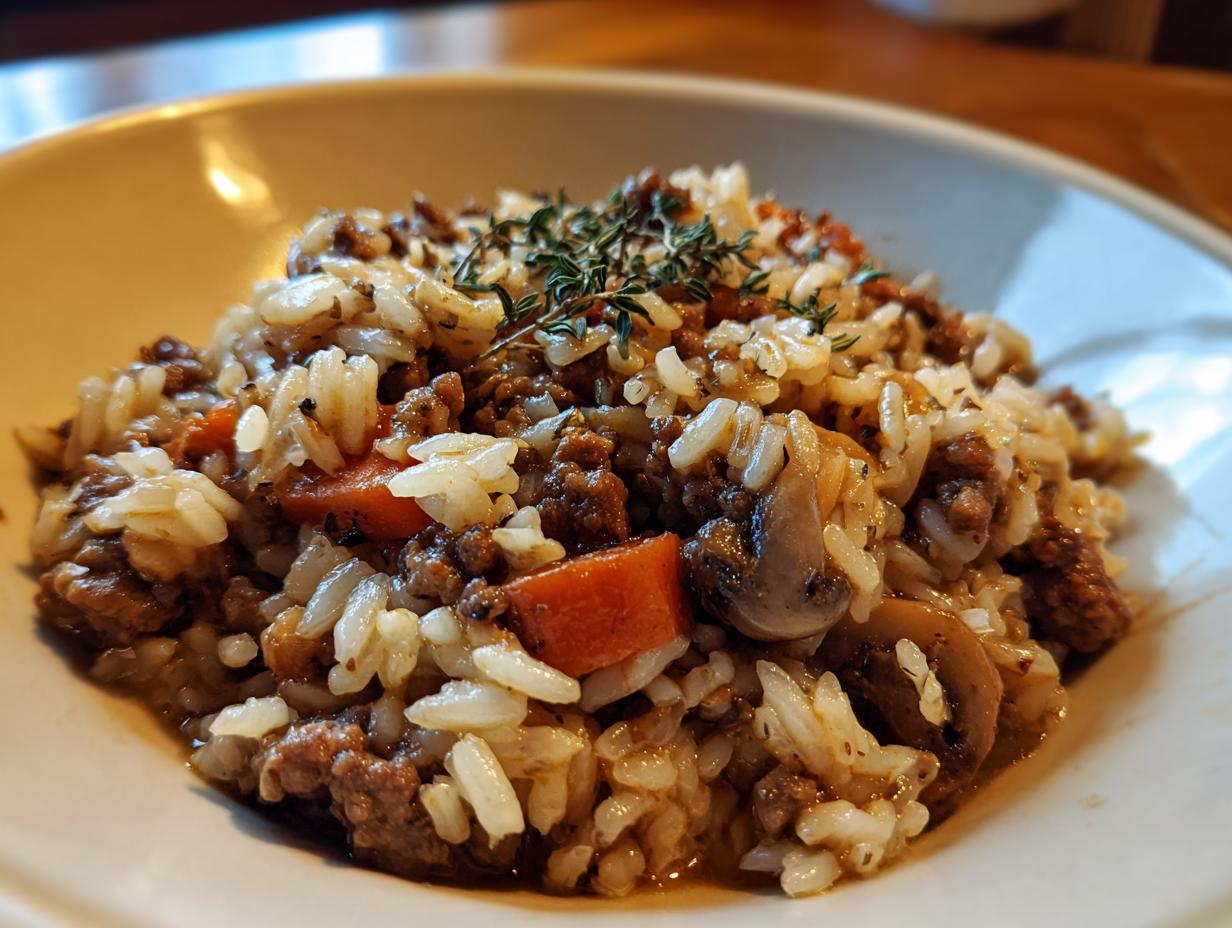 Close-up of one pot beef and mushroom rice pilaf with carrots and herbs in a white bowl.