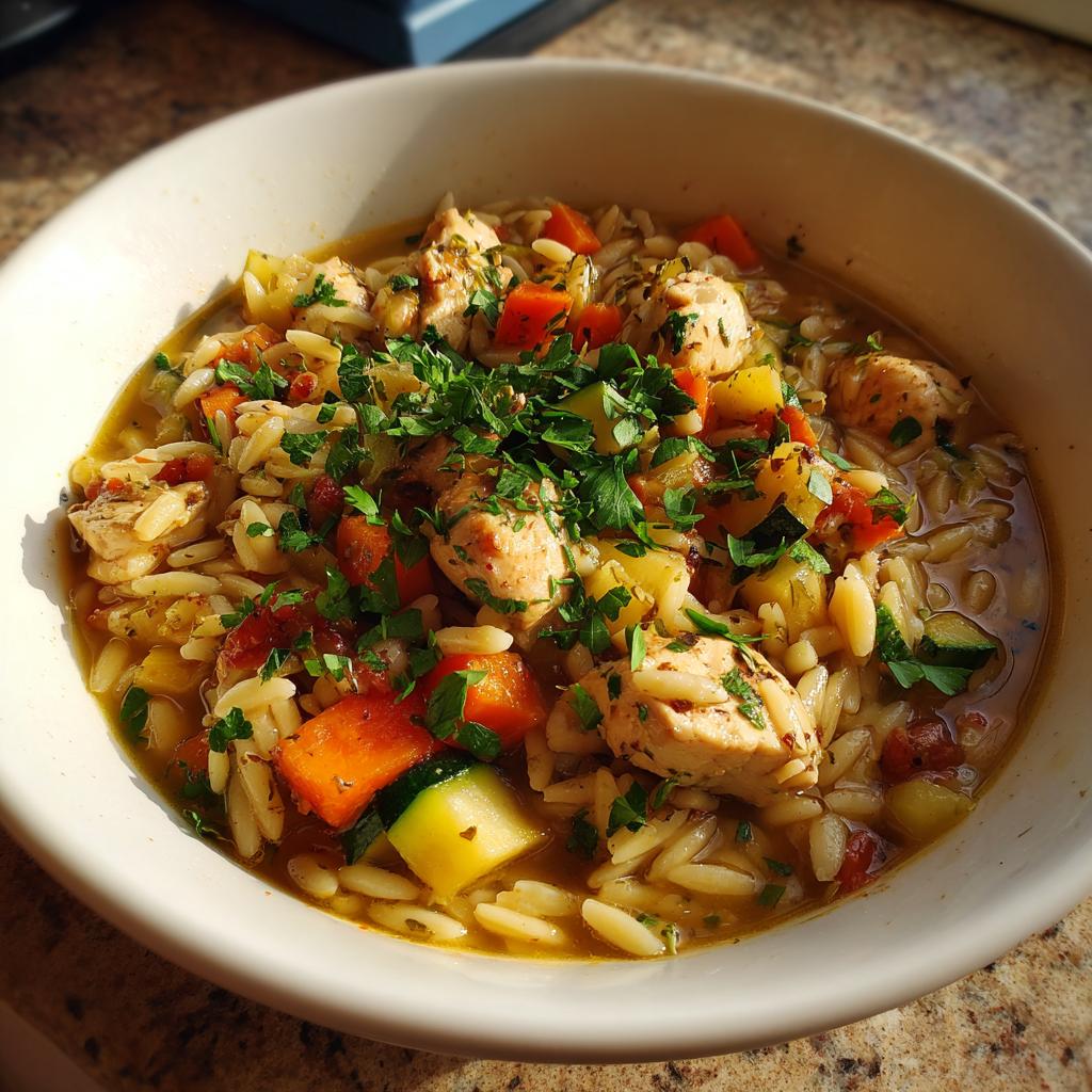 Bowl of one pot chicken and vegetable orzo with chunks of chicken, carrots, zucchini, and herbs