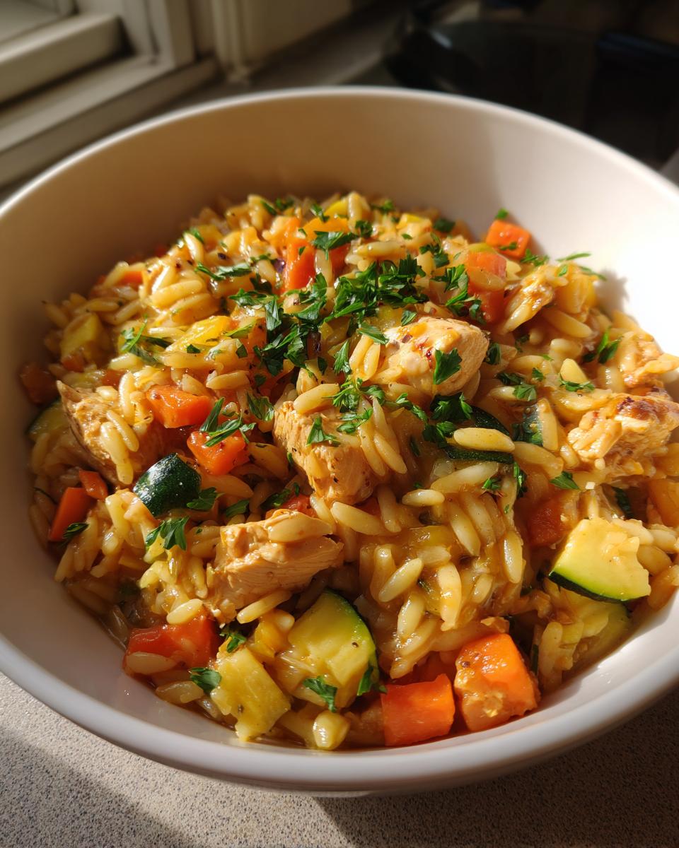 Bowl of one pot chicken and vegetable orzo with carrots, zucchini, and herbs.