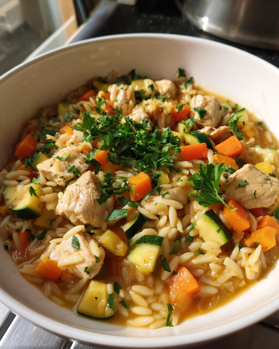 Bowl of one pot chicken and vegetable orzo with chicken, zucchini, carrots, and herbs.
