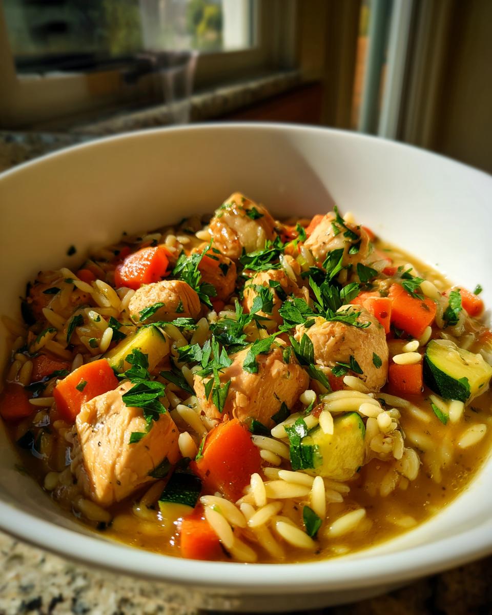 Bowl of one pot chicken and vegetable orzo with chicken chunks, carrots, zucchini, and fresh herbs.
