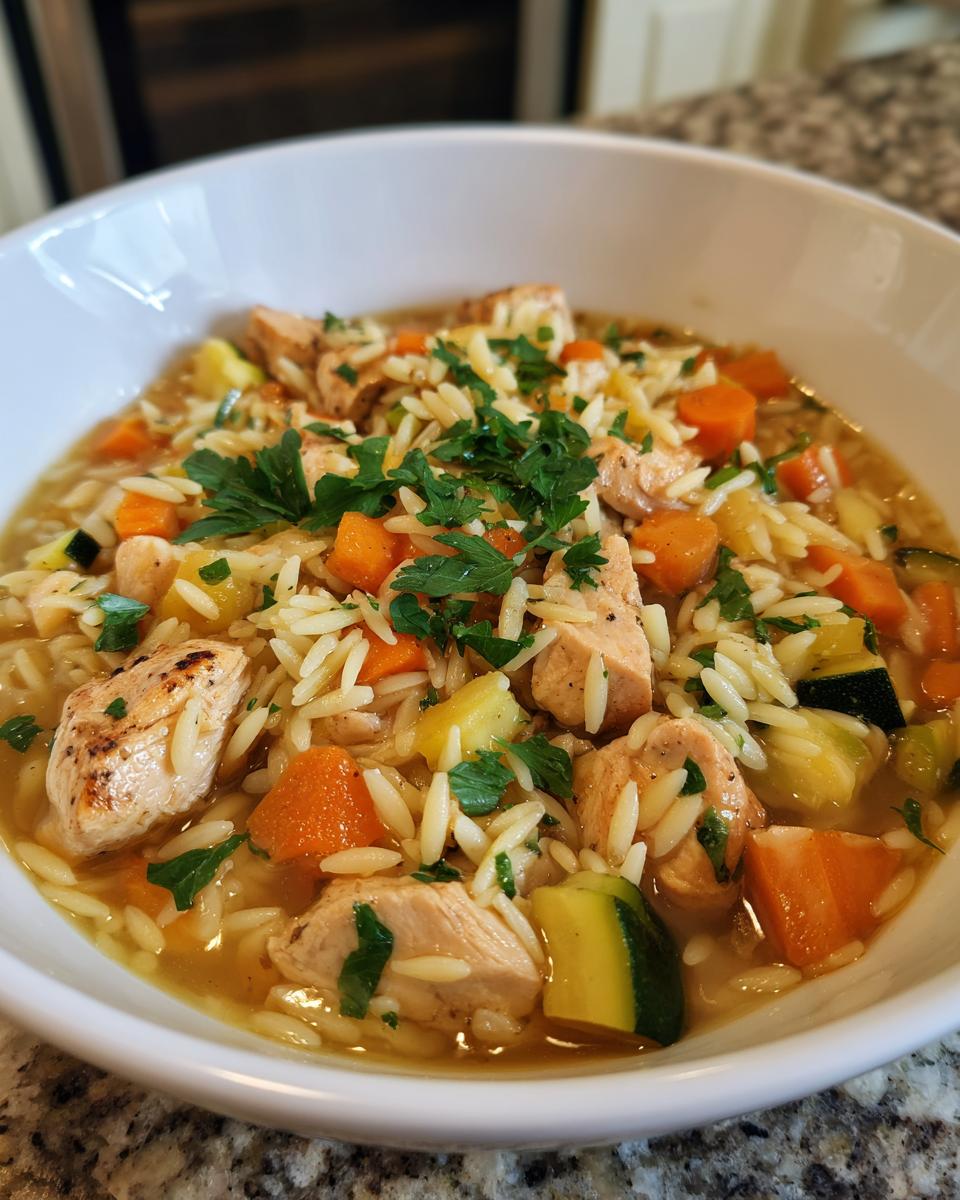 Bowl of one pot chicken and vegetable orzo with chicken chunks, carrots, zucchini, and parsley.