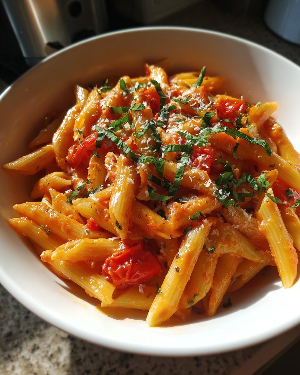 Bowl of one pot creamy tomato basil pasta garnished with fresh basil and parmesan