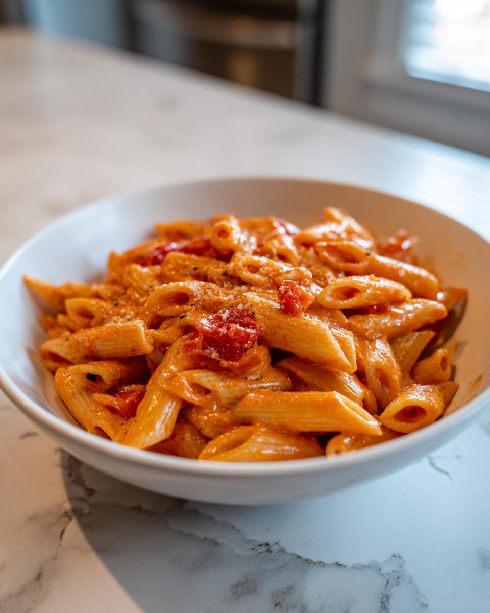 Bowl of one pot creamy tomato basil pasta with penne and tomato sauce on marble table.