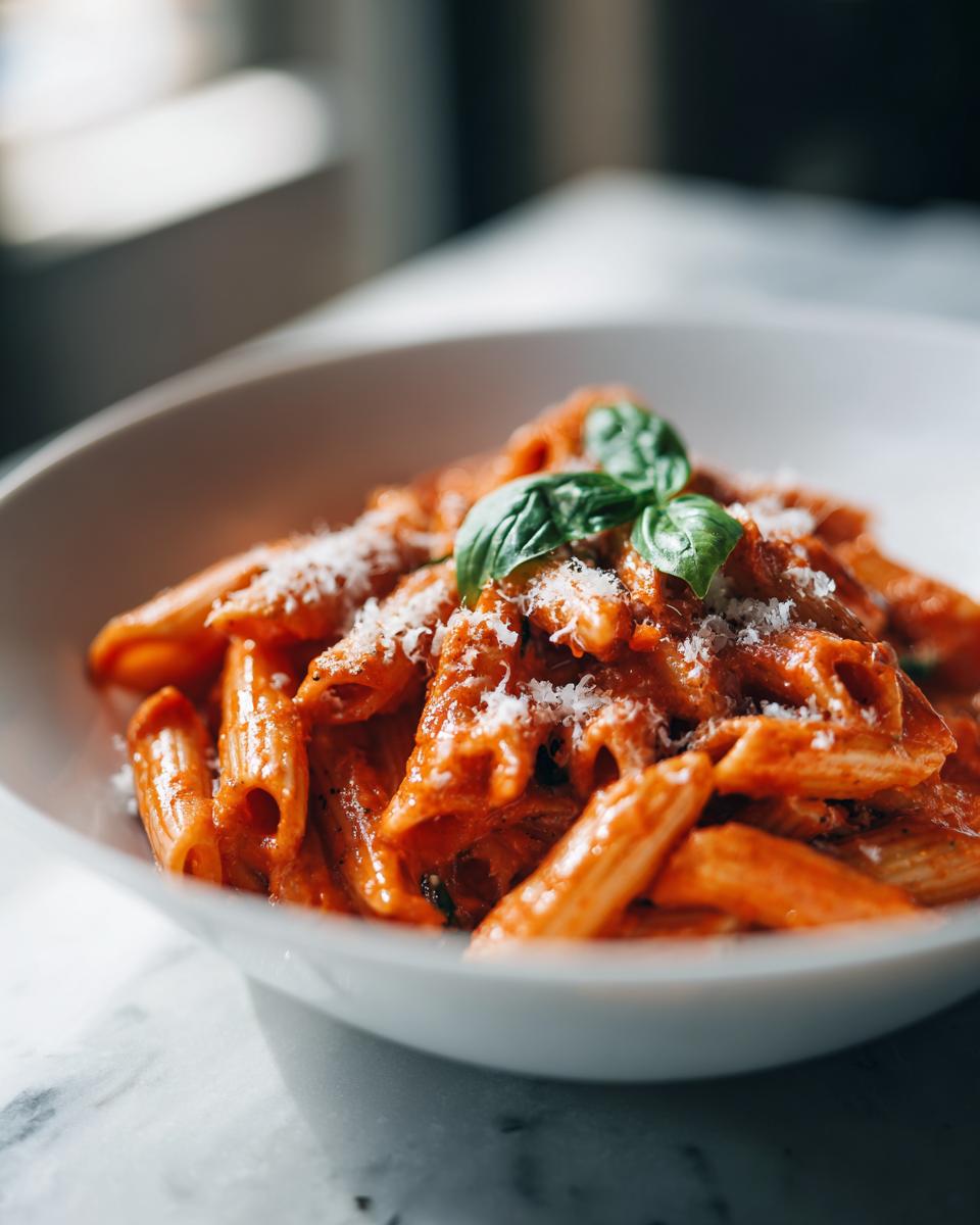 One pot creamy tomato basil pasta garnished with fresh basil and grated cheese in a white bowl.