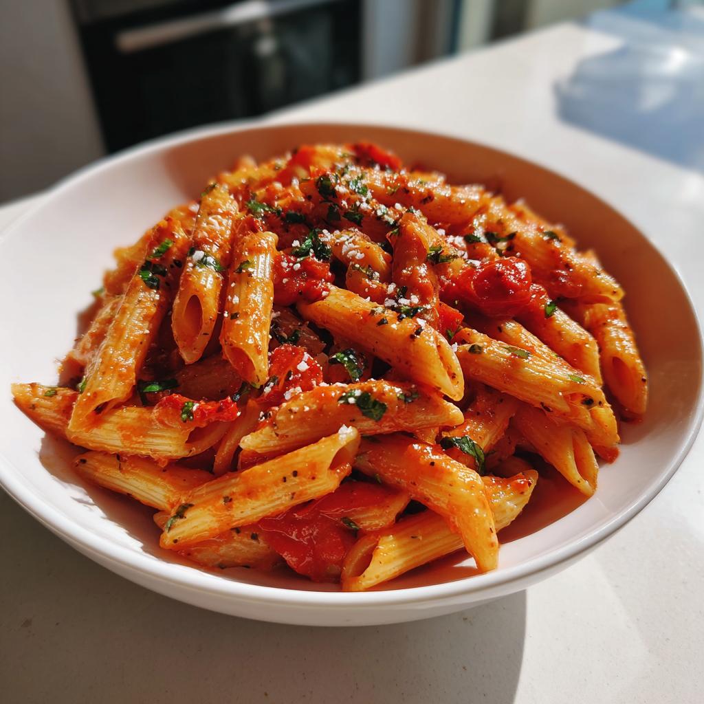 Close-up of one pot creamy tomato basil pasta with penne, tomato sauce, basil, and grated cheese.