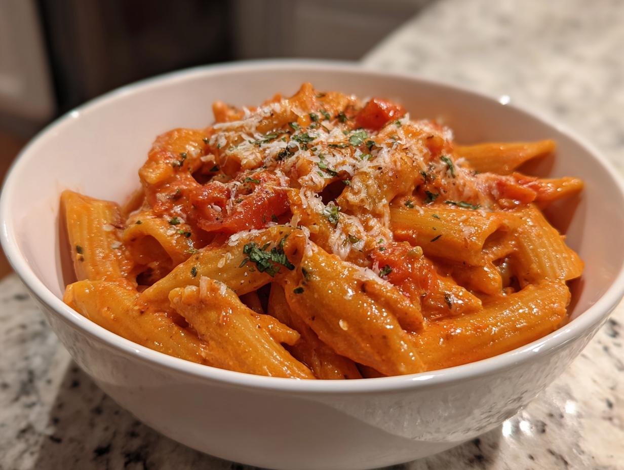 Bowl of one pot creamy tomato basil pasta garnished with grated cheese and herbs.