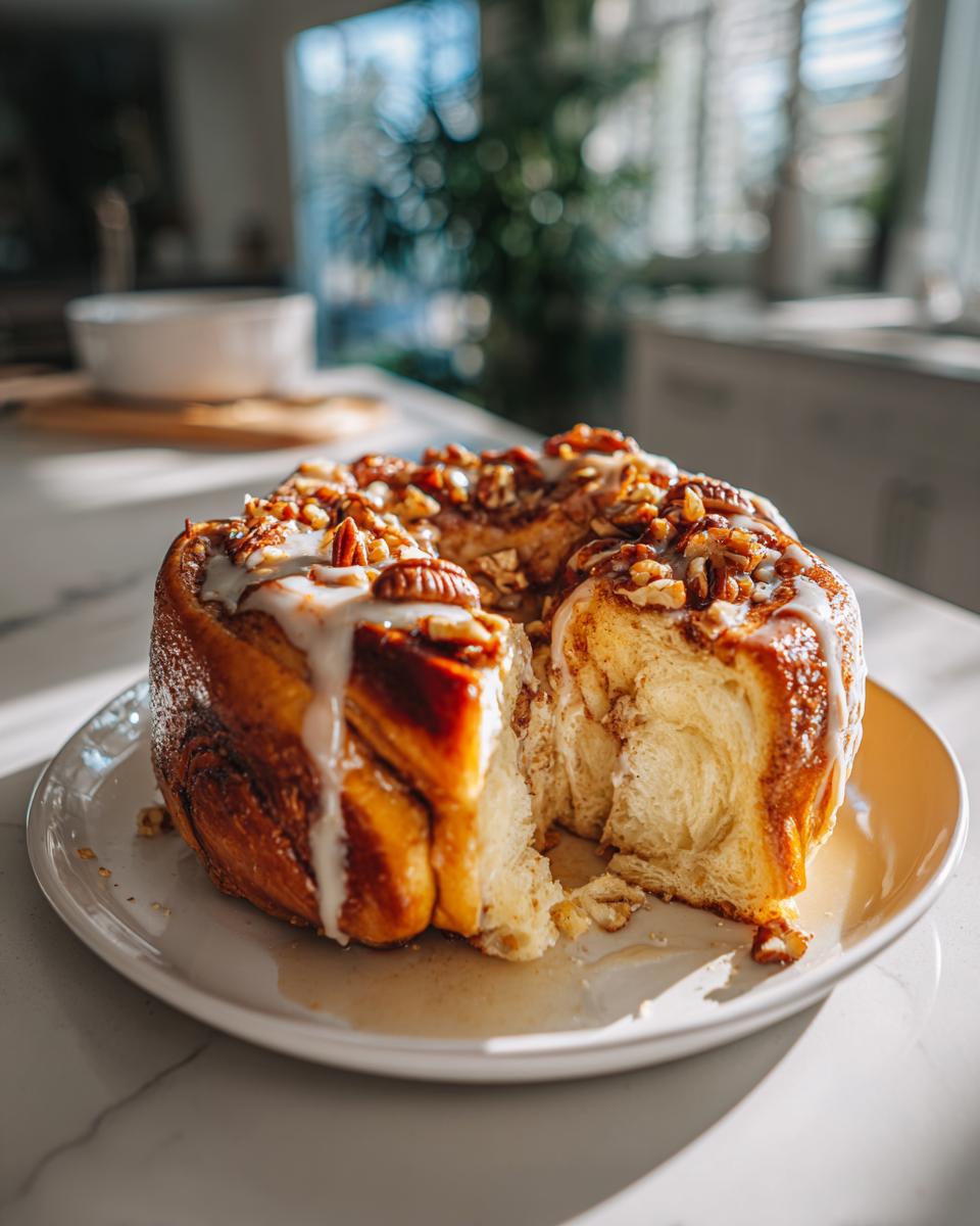 Overnight cinnamon roll french toast bake topped with glaze and pecans on a white plate