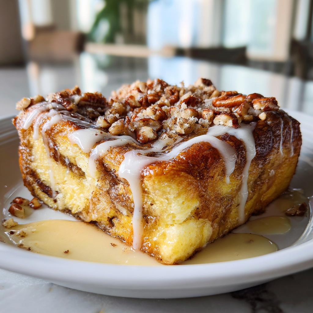 Close-up of a slice of overnight cinnamon roll french toast bake with icing and pecans on a white plate