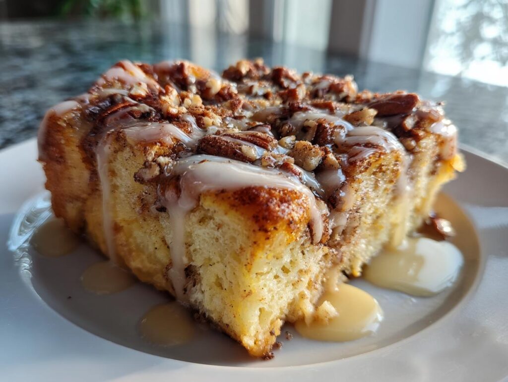 Slice of overnight cinnamon roll french toast bake with glaze and pecans on a white plate.