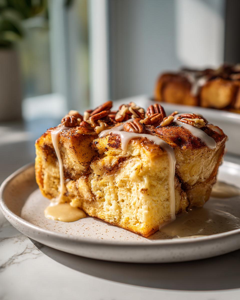 Slice of overnight cinnamon roll french toast bake topped with icing and pecans on a plate.