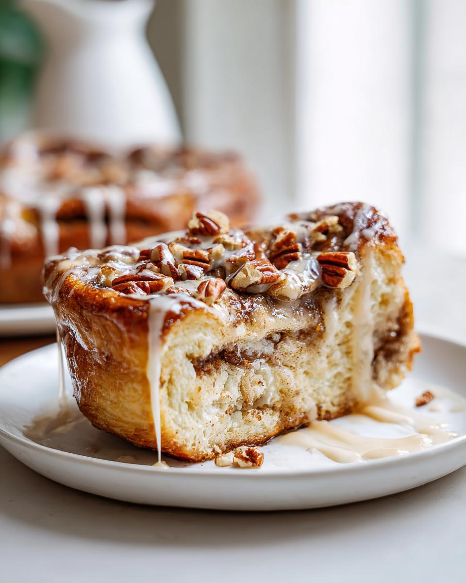 Close-up of a slice of overnight cinnamon roll french toast bake topped with pecans and drizzled icing.