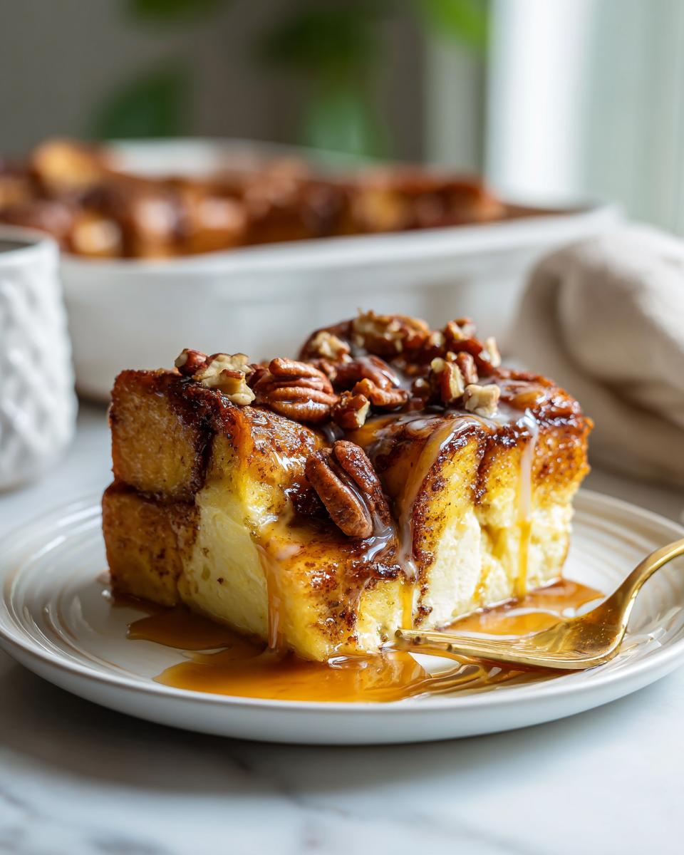Slice of overnight cinnamon roll french toast bake topped with pecans and drizzled syrup