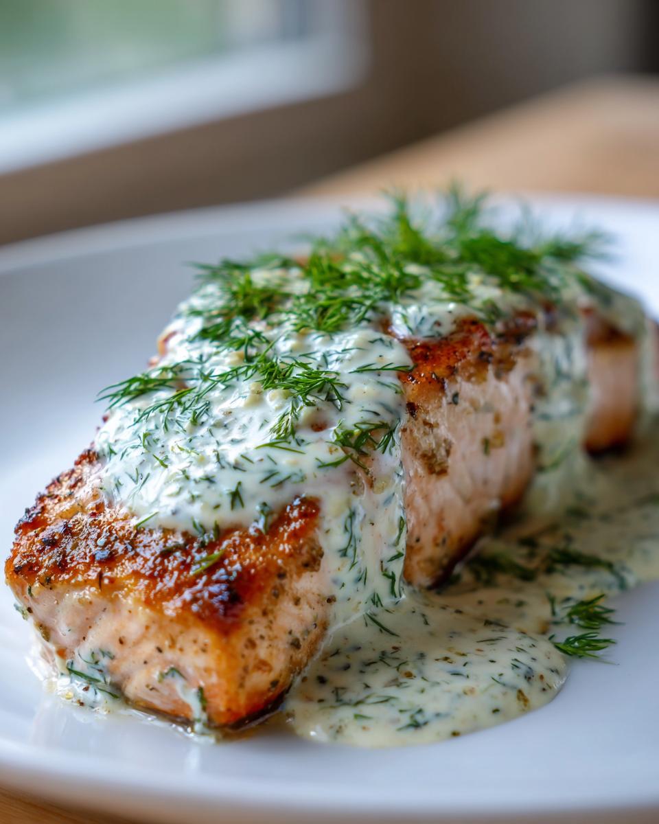 Close-up of pan-seared creamy dill salmon topped with a fresh dill cream sauce on a white plate.