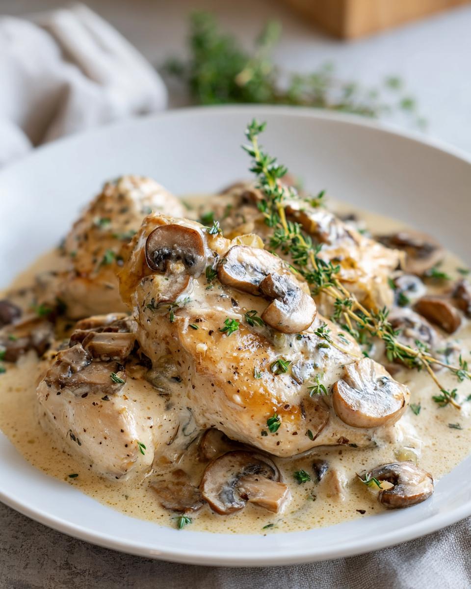 Parmesan garlic chicken and mushroom skillet with creamy sauce topped with fresh herbs in a white bowl