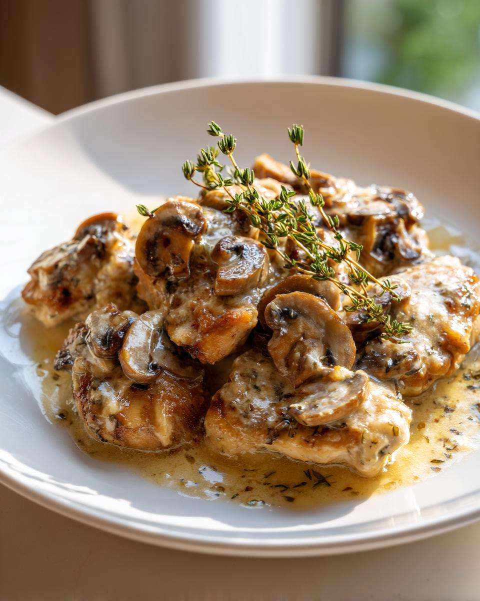 Parmesan garlic chicken and mushroom skillet served on a white plate garnished with thyme