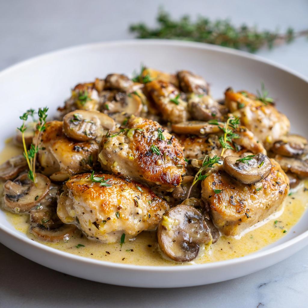 Close-up of parmesan garlic chicken and mushroom skillet with herbs in creamy sauce.