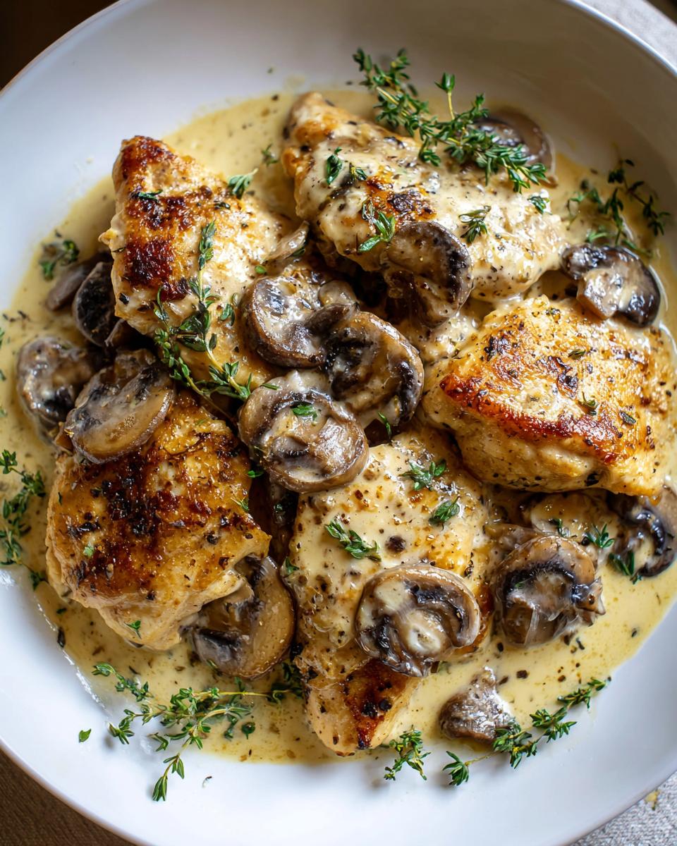 Golden parmesan garlic chicken pieces cooked with mushrooms and garnished with fresh herbs in a creamy sauce