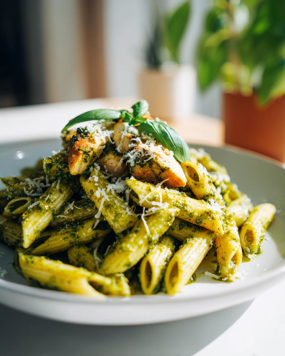 Plate of penne pesto chicken pasta topped with grilled chicken, fresh basil, and grated cheese.