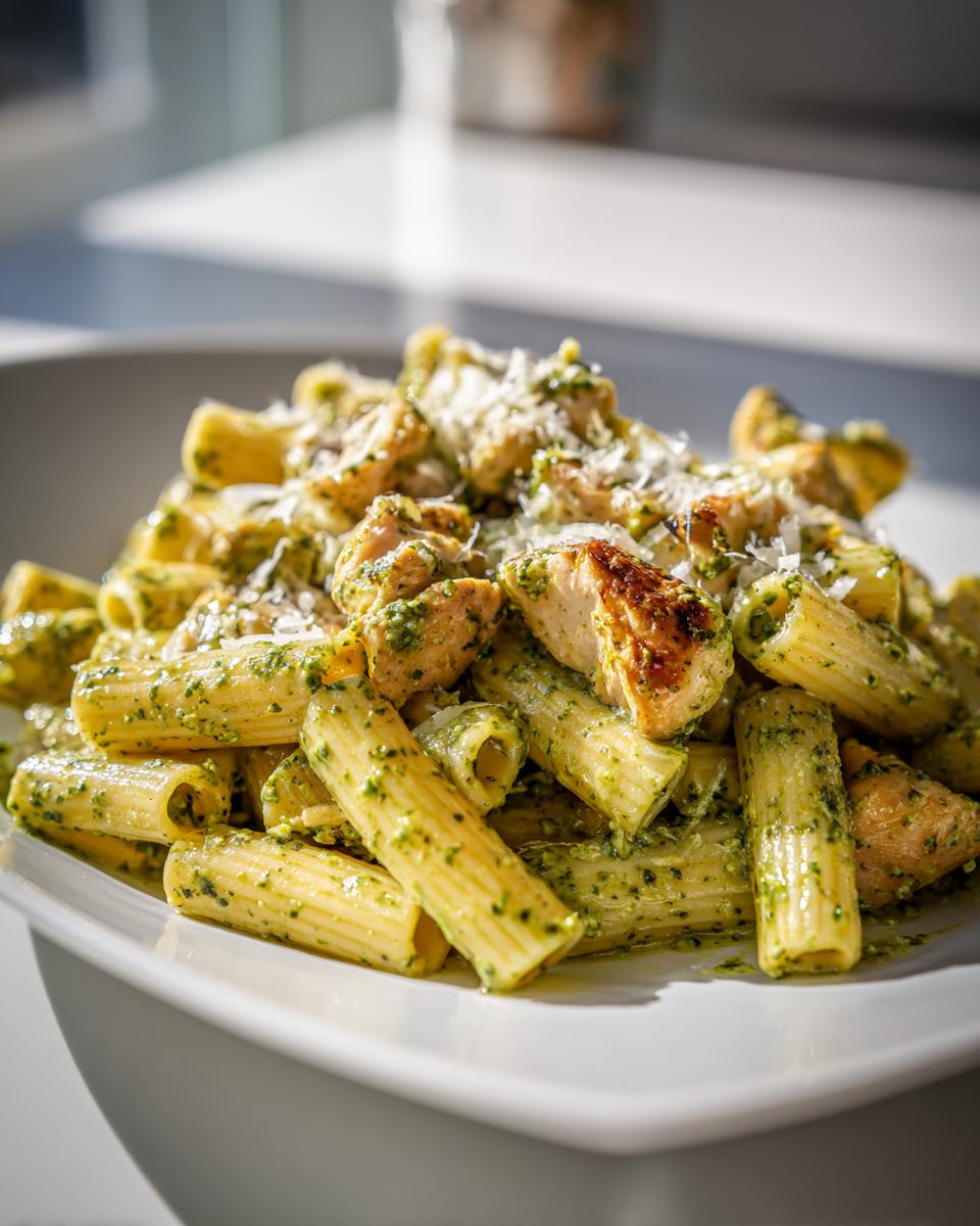 Pesto chicken pasta with rigatoni and grilled chicken chunks topped with grated cheese