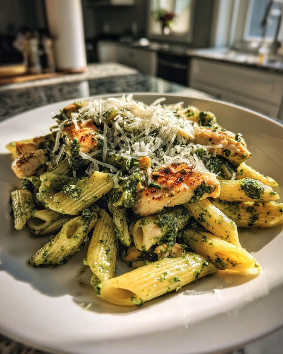 Plate of pesto chicken pasta topped with shredded Parmesan cheese