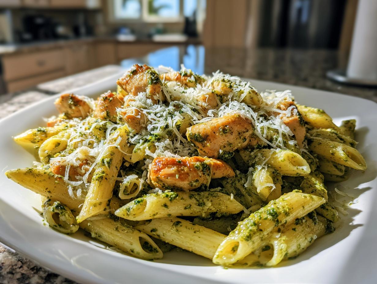 Plate of pesto chicken pasta topped with grated Parmesan cheese