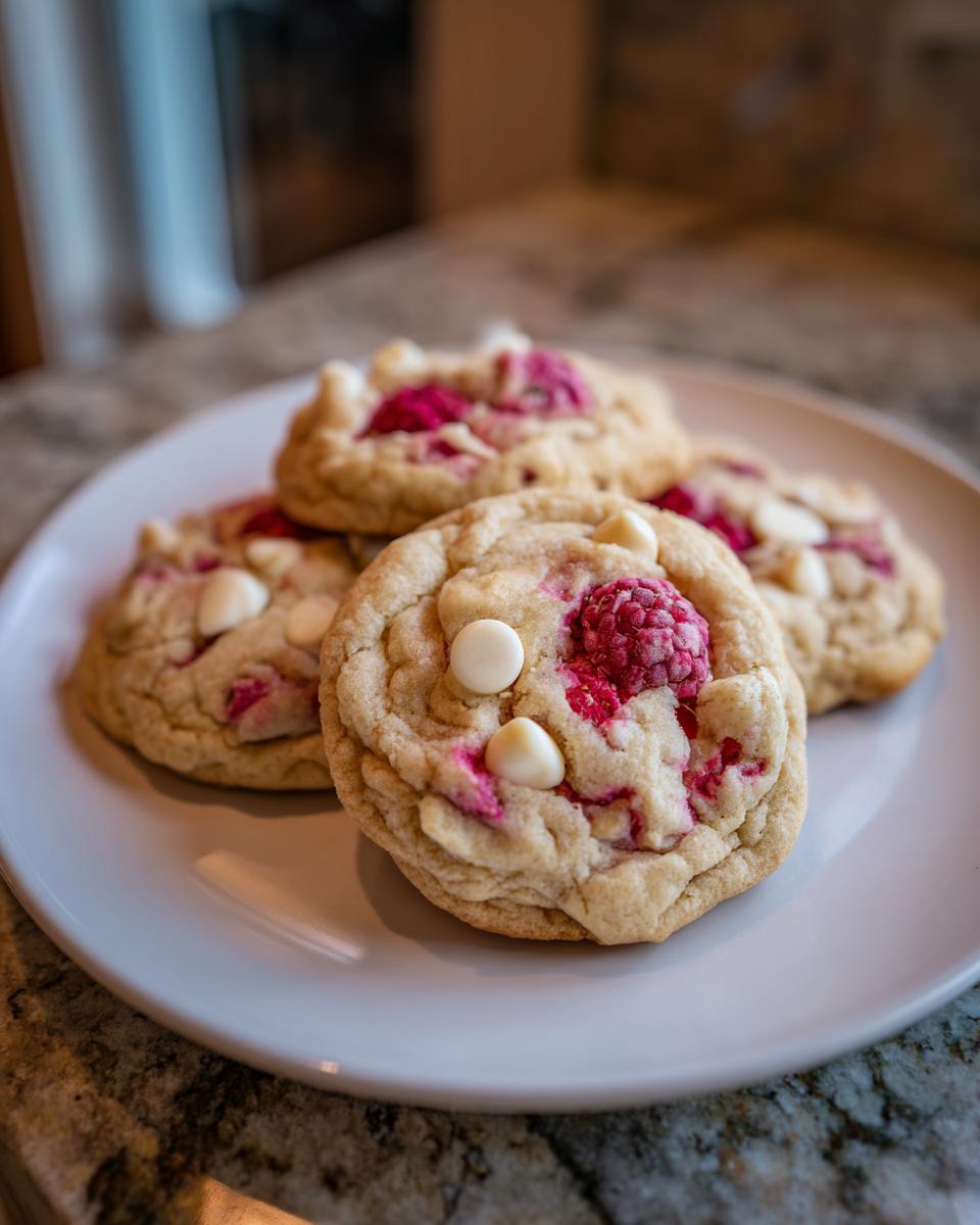 Close-up of raspberry white chocolate chip cookies on a white plate with visible raspberries and white chocolate chips.