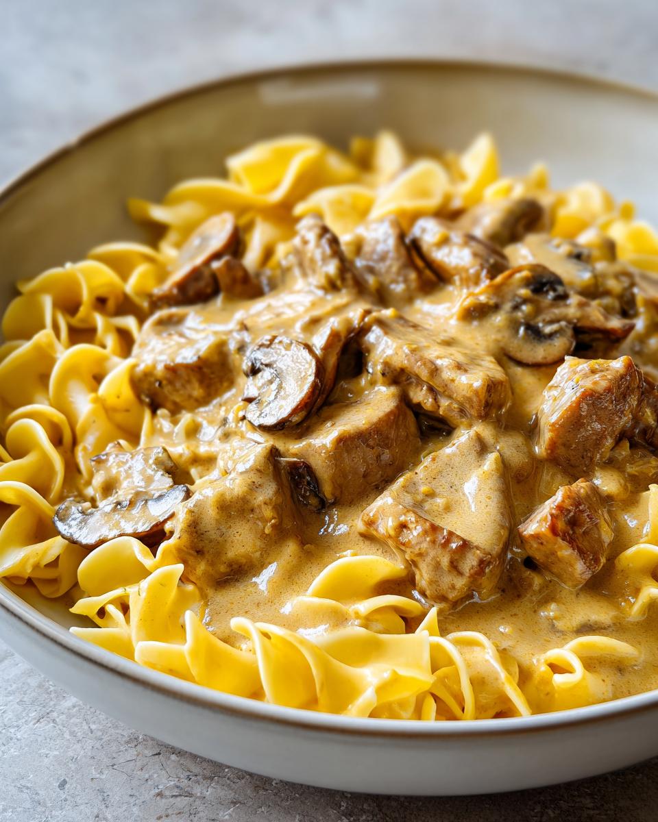 Creamy pork and mushroom stroganoff over egg noodles in a bowl