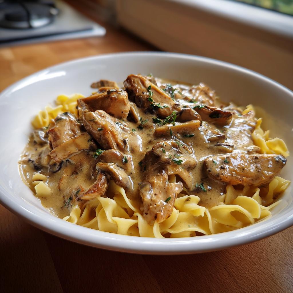 Plate of pork and mushroom stroganoff over egg noodles garnished with herbs