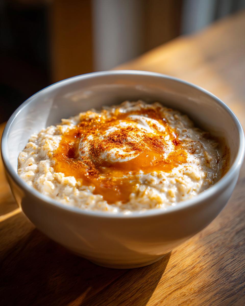 A bowl of creamy pumpkin spice oatmeal topped with cinnamon and syrup on a wooden table.
