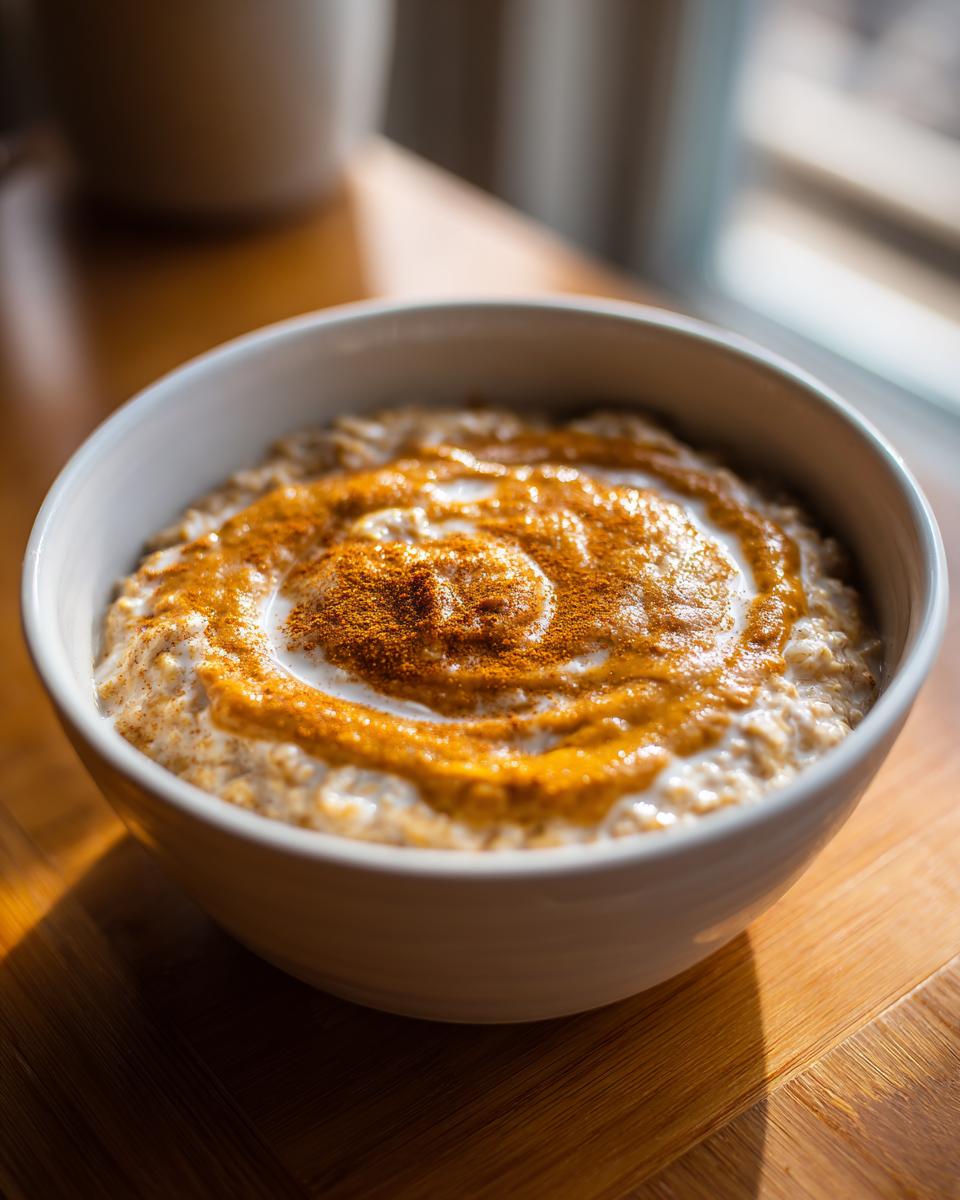 Bowl of creamy pumpkin spice oatmeal topped with cinnamon spice on wooden table.