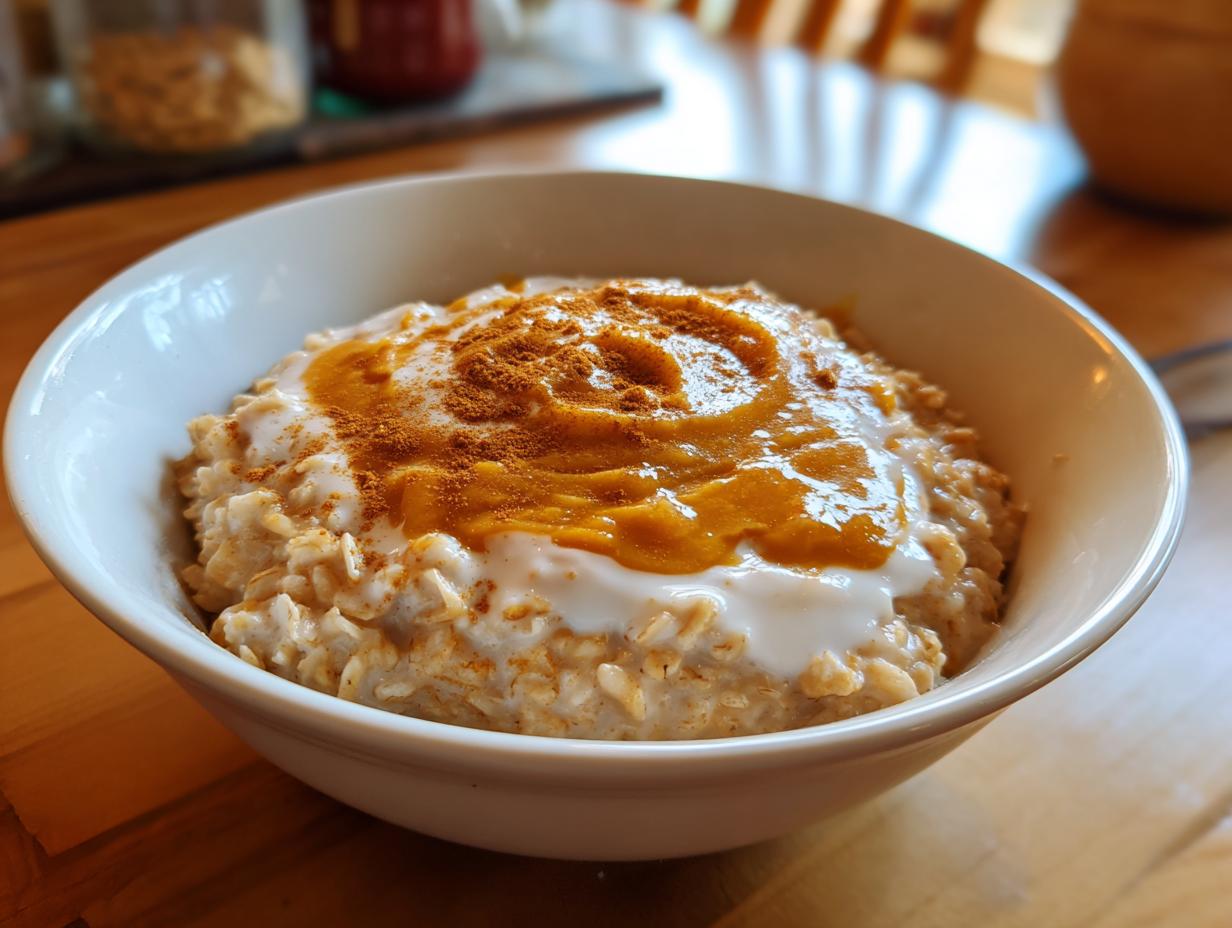 Bowl of creamy pumpkin spice oatmeal topped with pumpkin puree and cinnamon.
