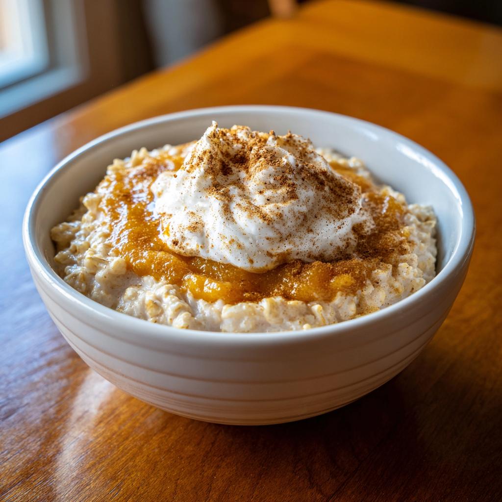 Bowl of pumpkin spice oatmeal topped with whipped cream and cinnamon spice.