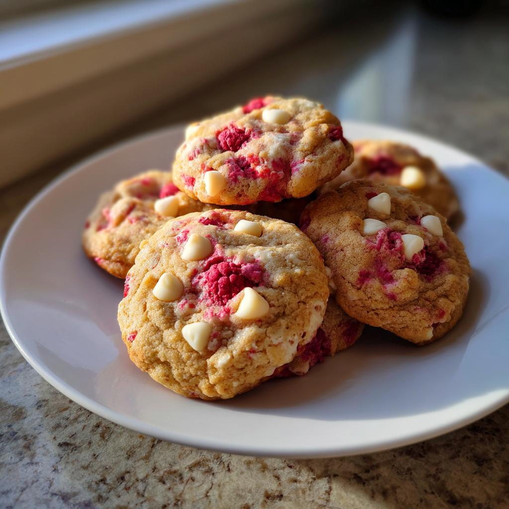 Plate of freshly baked raspberry white chocolate chip cookies with white chocolate chips and raspberries.