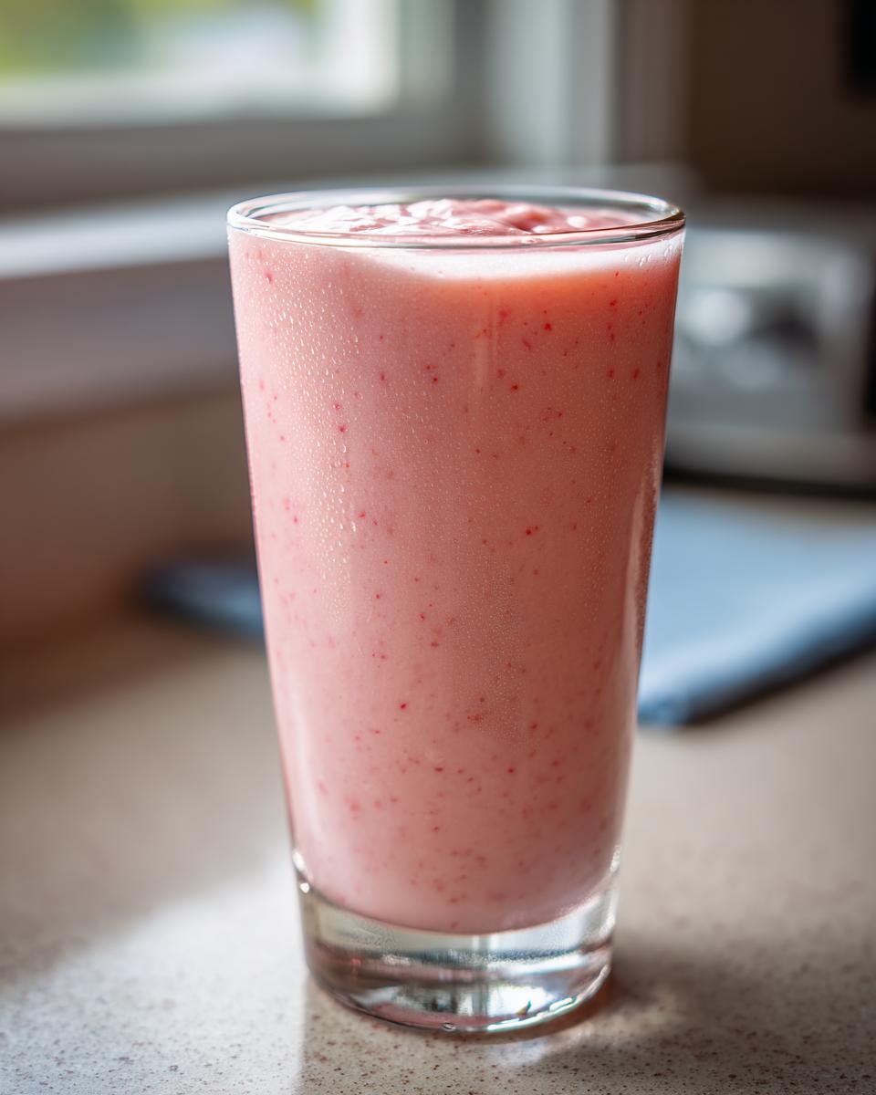 Glass filled with a creamy pink strawberry banana smoothie on a kitchen counter.