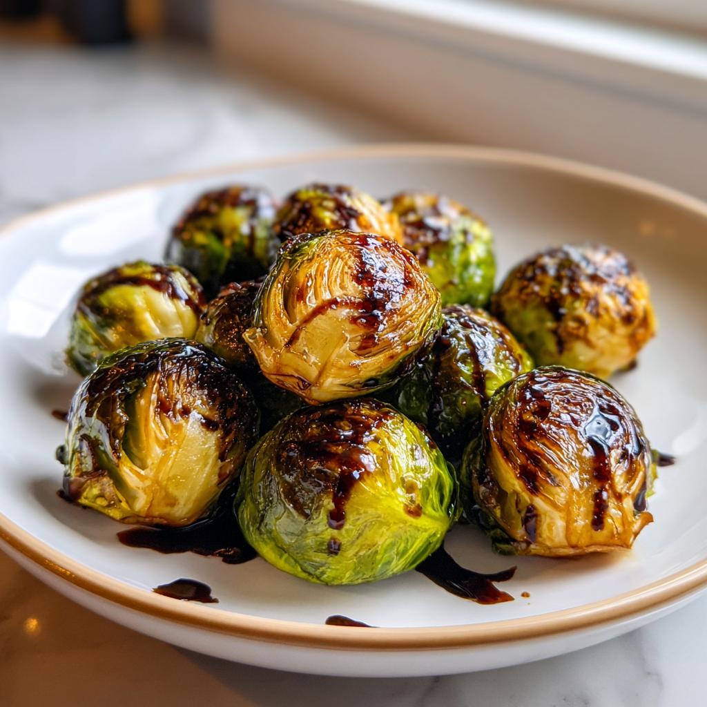 Close-up of roasted brussels sprouts with balsamic glaze on a white plate.