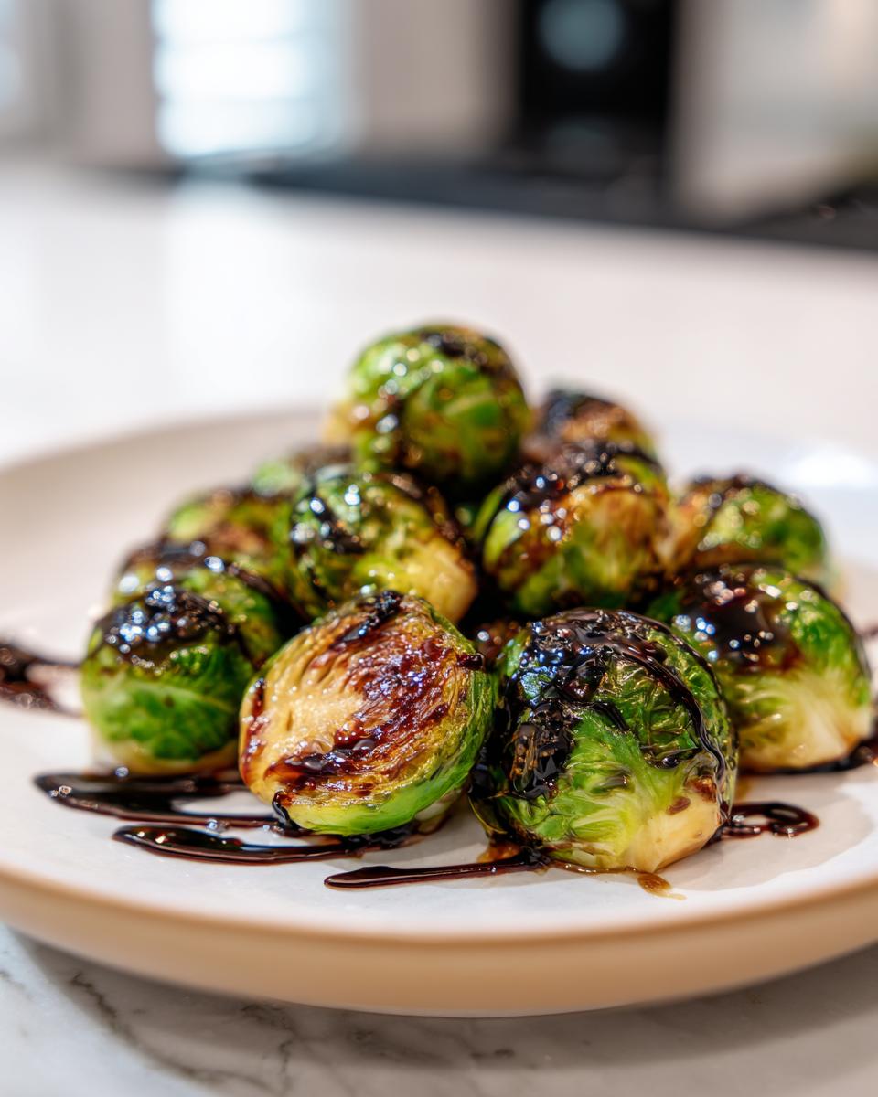 Plate of roasted brussels sprouts with balsamic glaze drizzled on top.