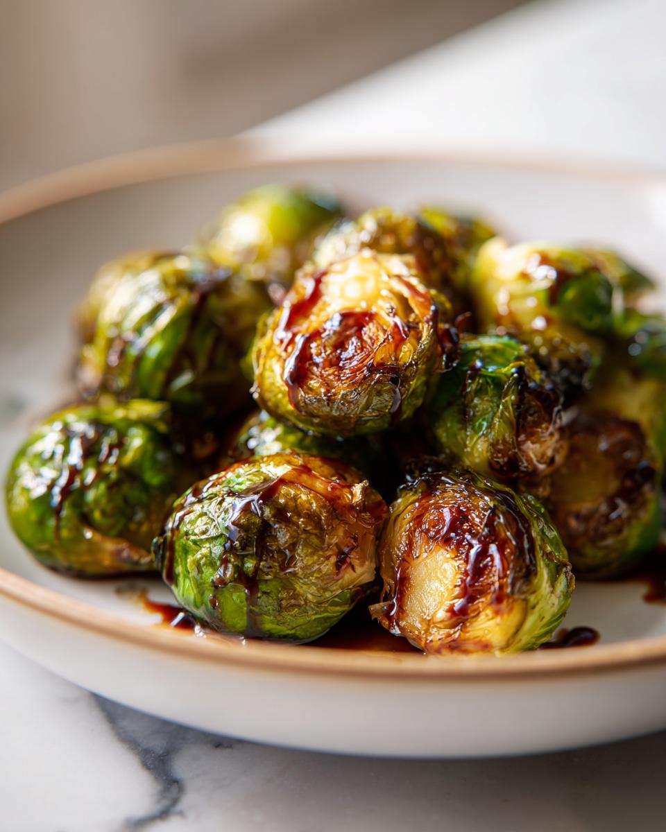 Plate of roasted brussels sprouts with balsamic glaze drizzled on top