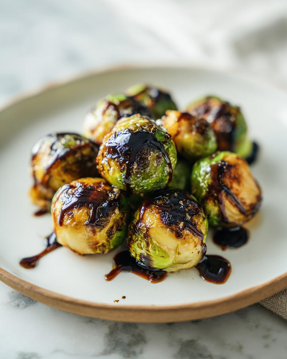 Close-up of roasted brussels sprouts with balsamic glaze drizzled on top on a white plate.