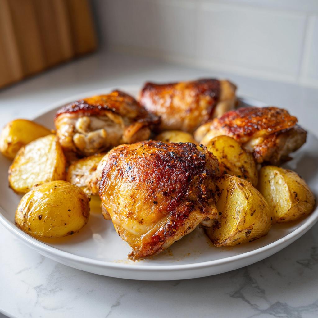 Plate with golden roasted chicken thighs and seasoned potatoes ready to serve