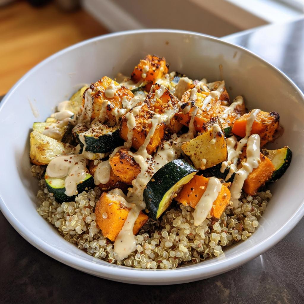 Roasted vegetable quinoa bowl with tahini drizzled over squash and zucchini in white bowl
