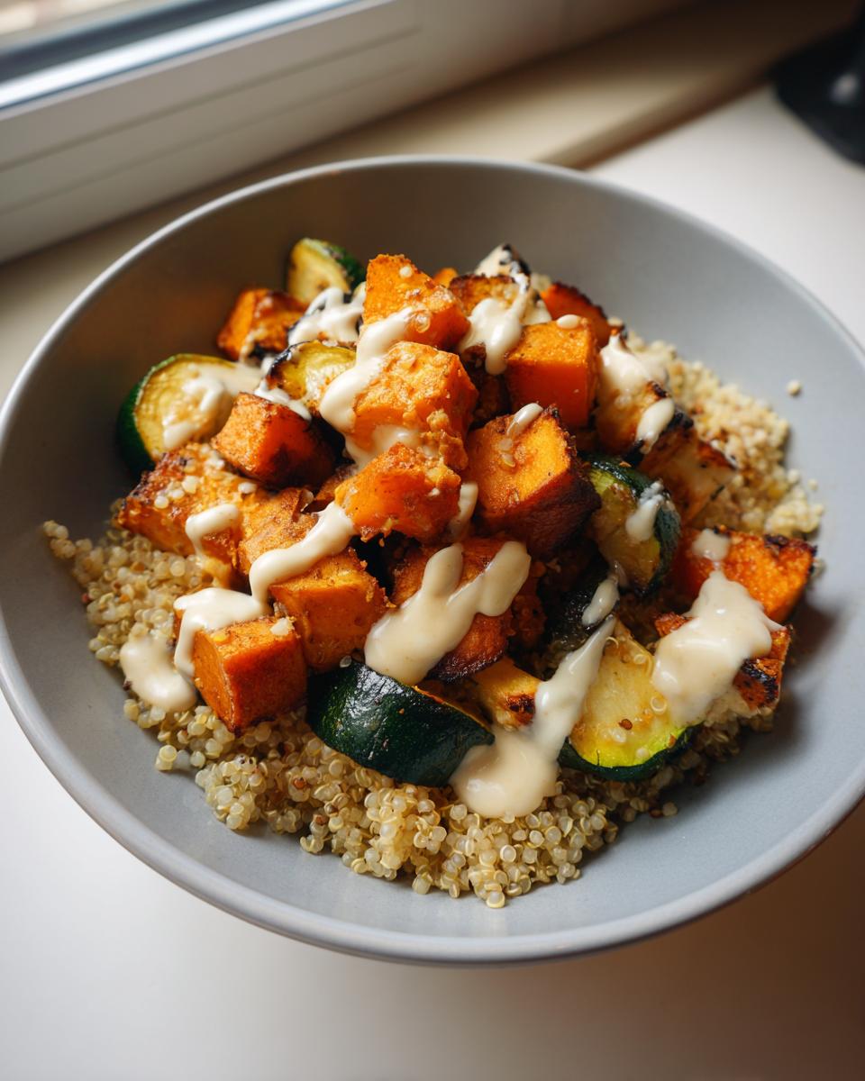 Bowl of roasted vegetable quinoa bowl with tahini, featuring roasted squash and zucchini chunks