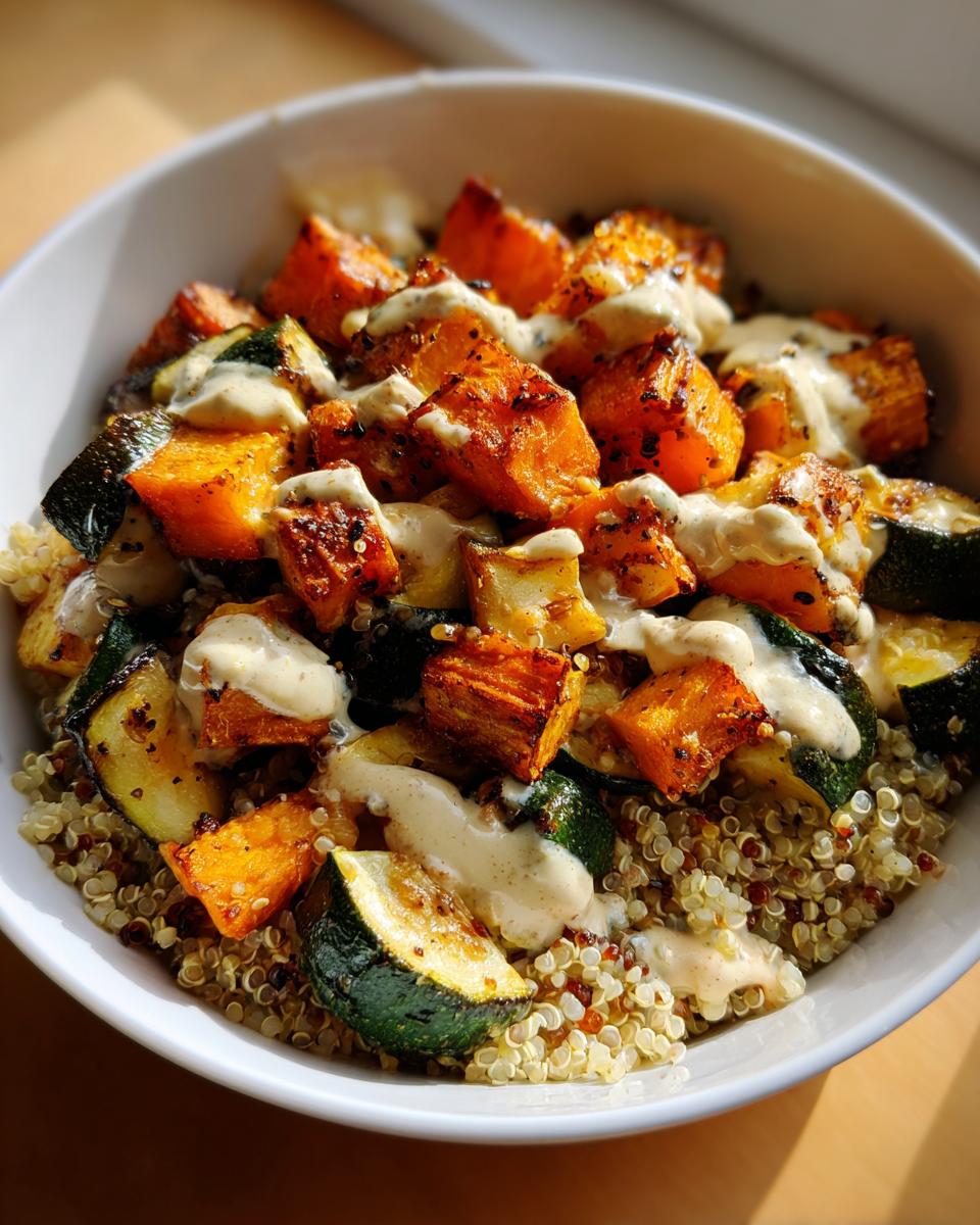Bowl of roasted vegetable quinoa bowl with tahini showing roasted squash and zucchini on quinoa.