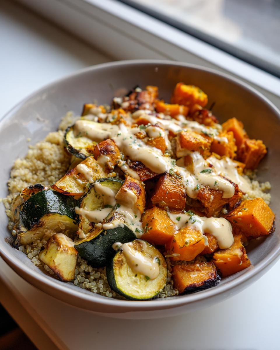 Bowl of roasted vegetable quinoa bowl with tahini, featuring roasted zucchini and squash cubes drizzled with tahini sauce.