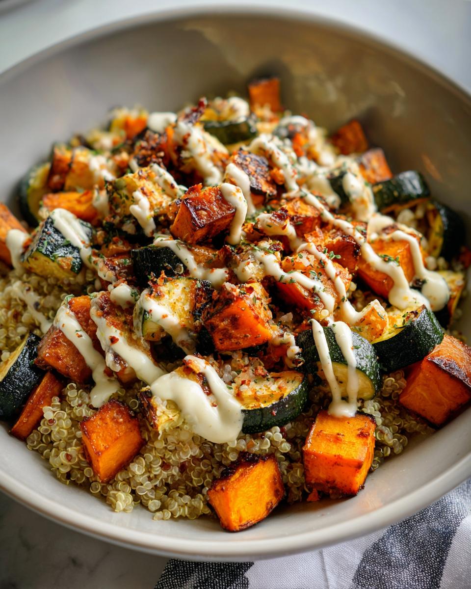 Bowl of roasted vegetable quinoa bowl with tahini sauce drizzled on top, featuring roasted sweet potatoes and zucchini.