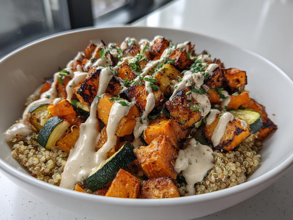 Roasted vegetable quinoa bowl with tahini, featuring charred sweet potatoes, zucchini, and creamy tahini sauce