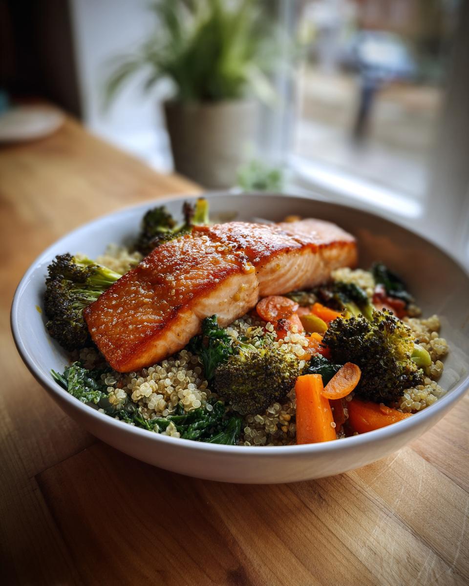 Bowl of salmon and quinoa with roasted broccoli, carrots, and greens on wooden table