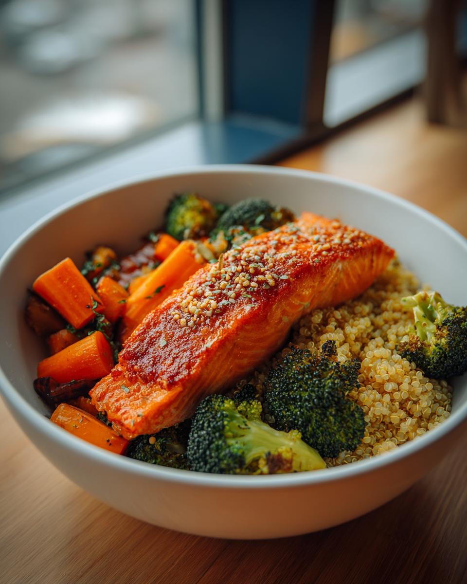 A bowl of salmon and quinoa bowl with roasted broccoli and carrots on wooden table.