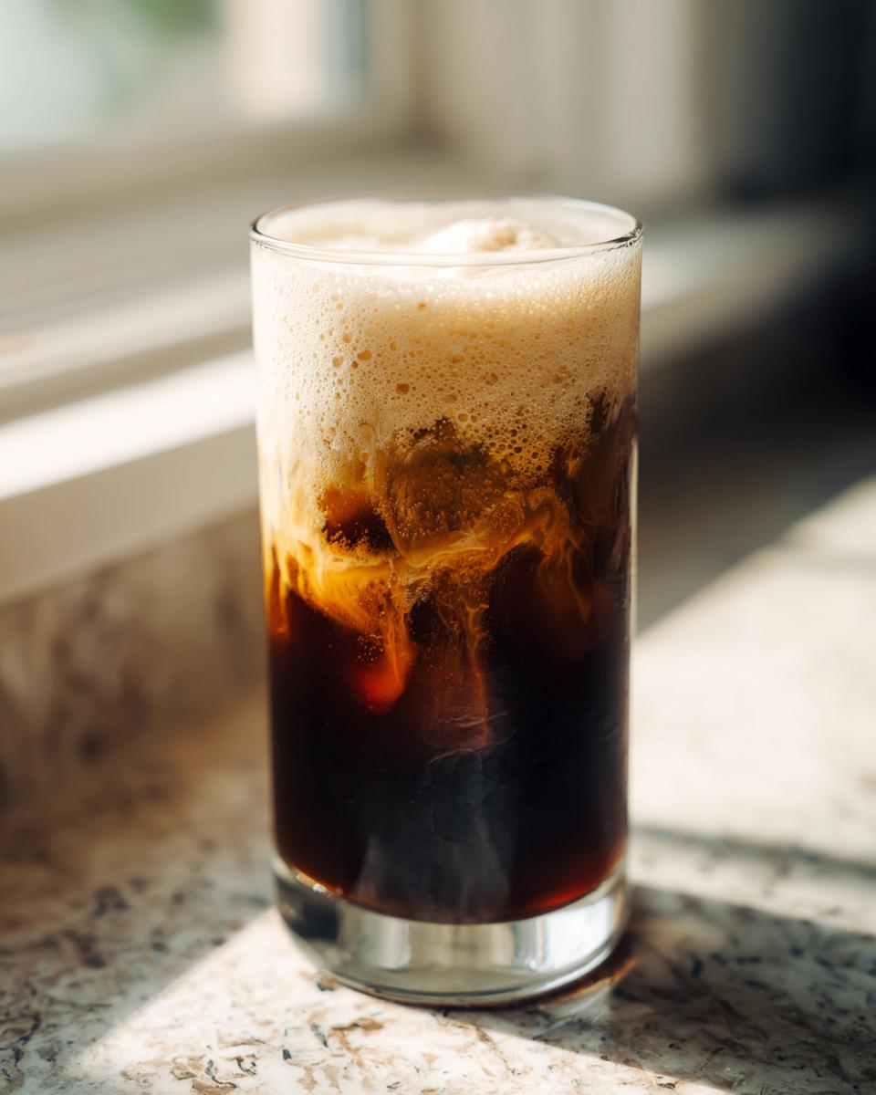 Glass of salted caramel cold foam cold brew with creamy foam on top